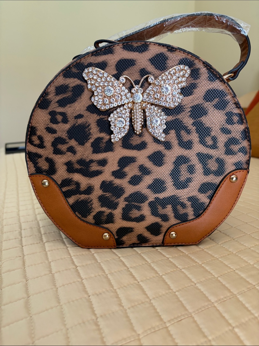 Leopard Print Round Bag with Crystal Butterfly - Brown